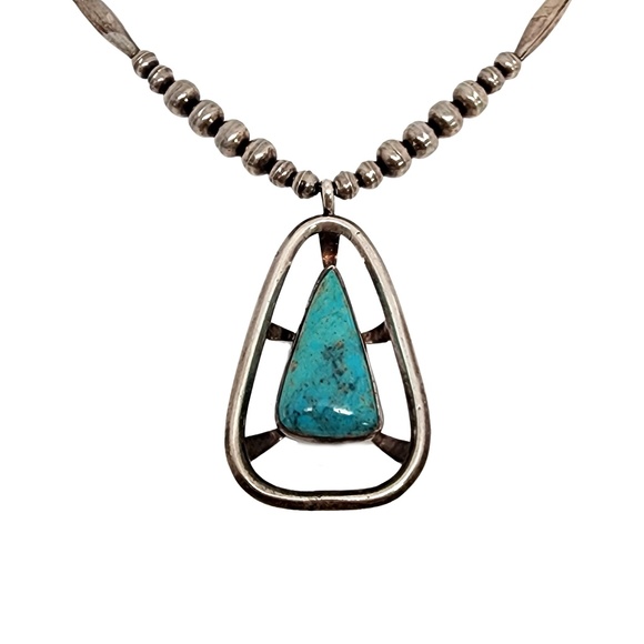 Native American Signed MB Silver Bead Necklace Large Turquoise Pendant #13373 - Picture 2 of 9